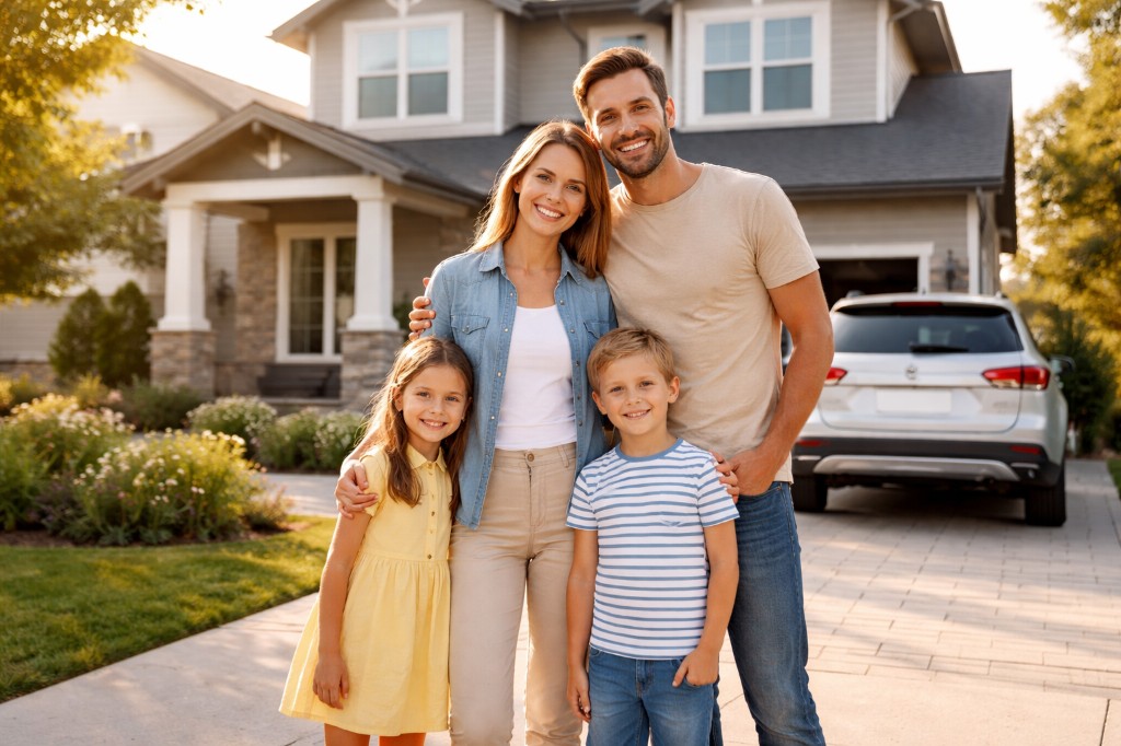 Family of four standing in their driveway in front of a suburban home with a car parked nearby